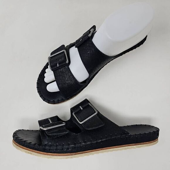 TRASK BLACK LEATHER SNAKE PRINT CARLI SLIDE BUCKLE SANDAL WOMENS SIZE 8 M - Picture 1 of 8